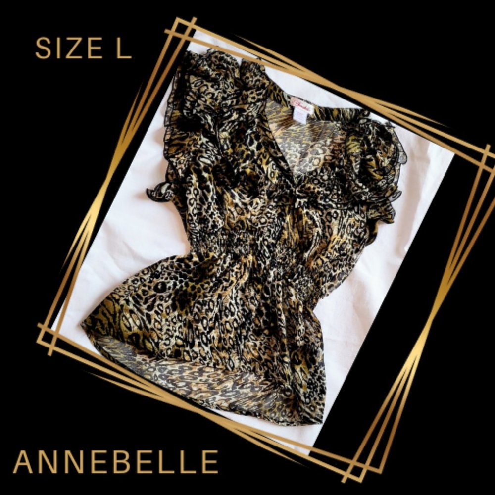 Annabelle Leopard Print Sheer Ruffled Synched Peplumed V-neck Sleeveless Tp sz L